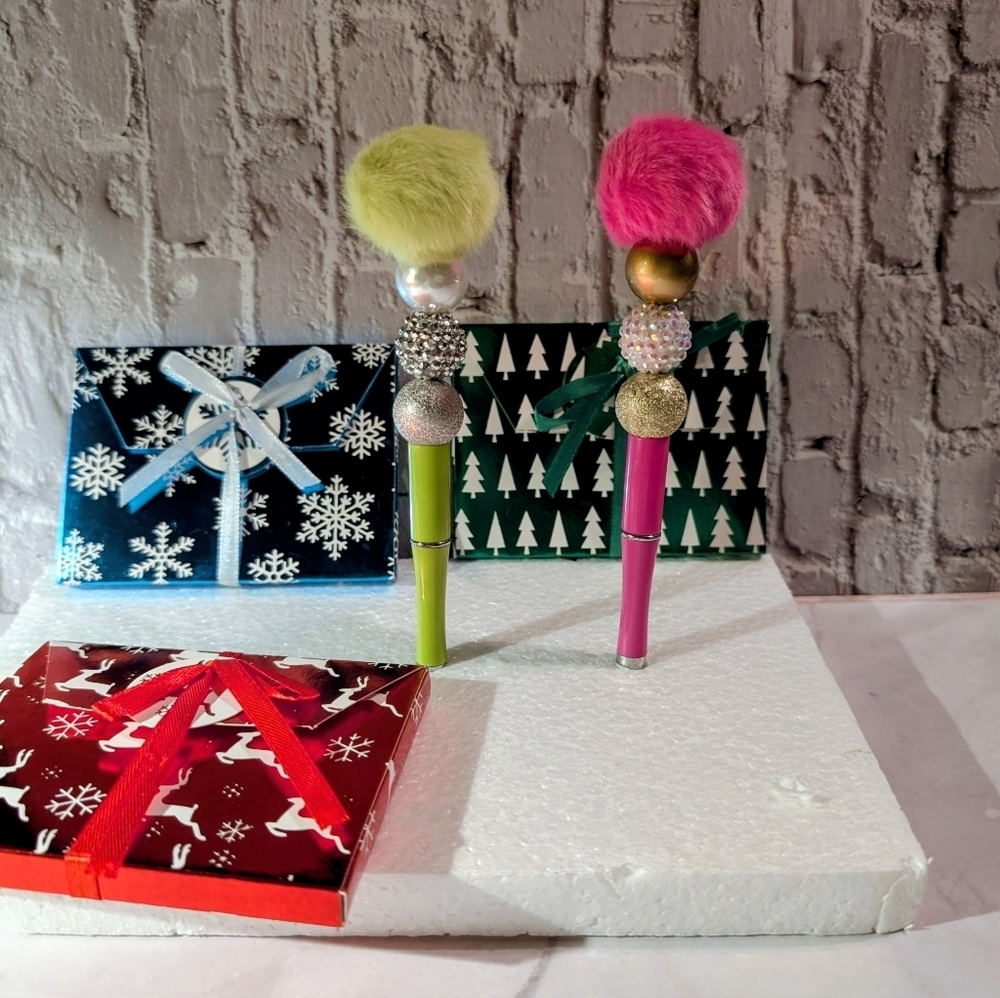 2 Luxury Beaded Colorful Pom Pom Pens
